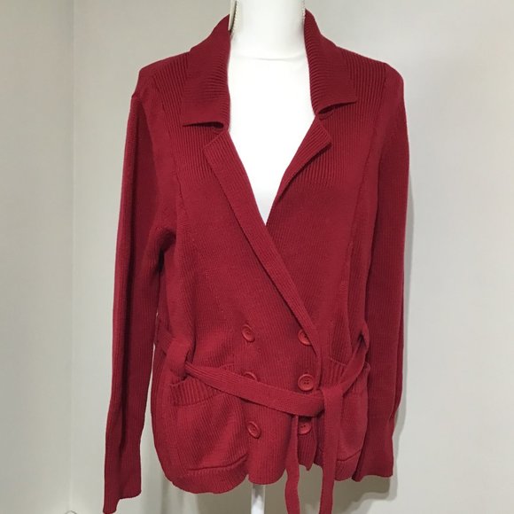 Cardigan Womens Size XL Red Double Button Front Belt Baggy Pocket - Picture 1 of 8